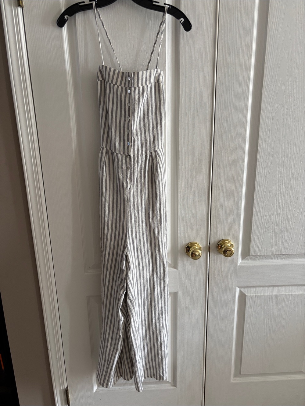 Olivaceous Striped Spaghetti-Strap Jumpsuit in Gray and White